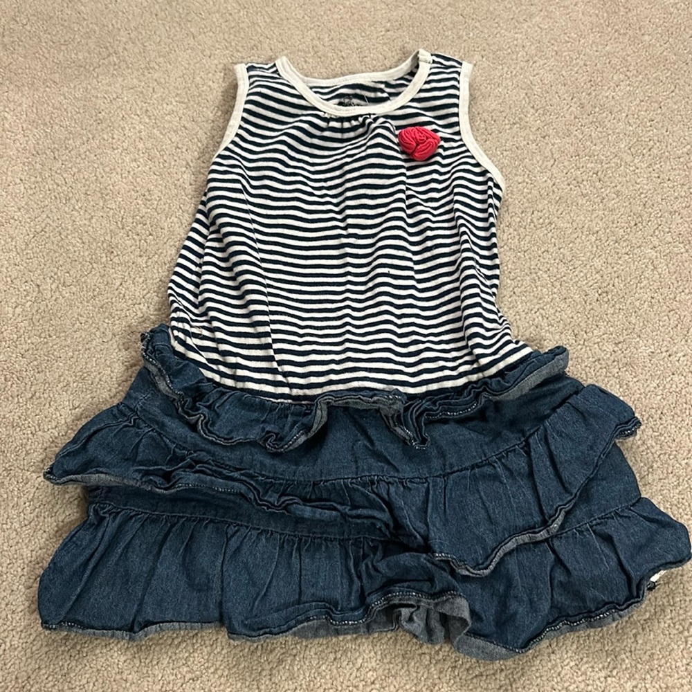 striped and denim ruffle dress